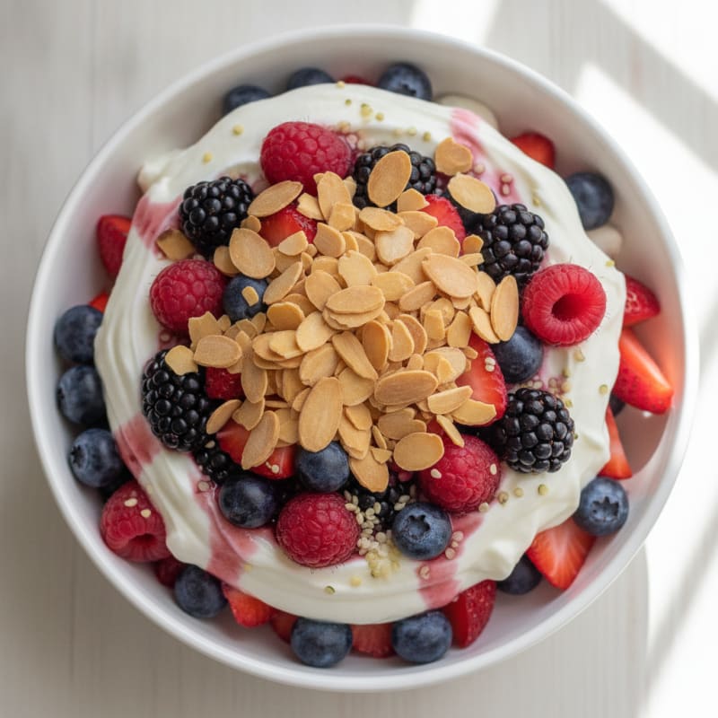 Greek Yogurt Protein Parfait with Mixed Berries and Almonds
