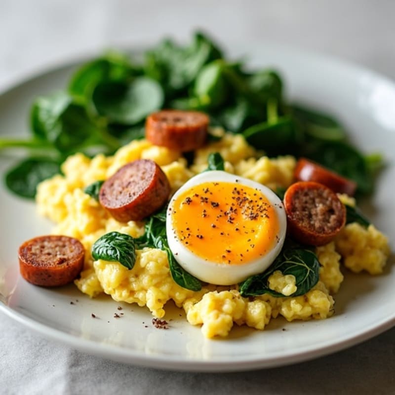 Egg White and Turkey Sausage Scramble with Sautéed Spinach