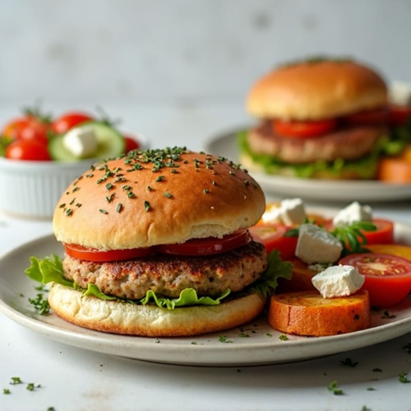 Lean Burgers with Roasted Sweet Potatoes and Fresh Tomato Cucumber Feta Salad
