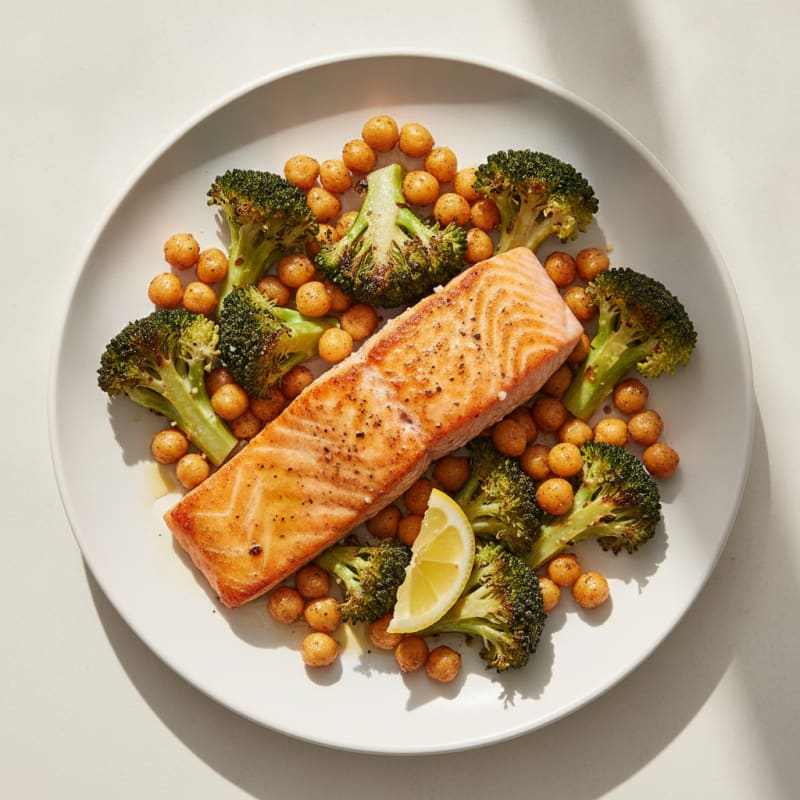 Seared Salmon with Roasted Broccoli and Chickpeas