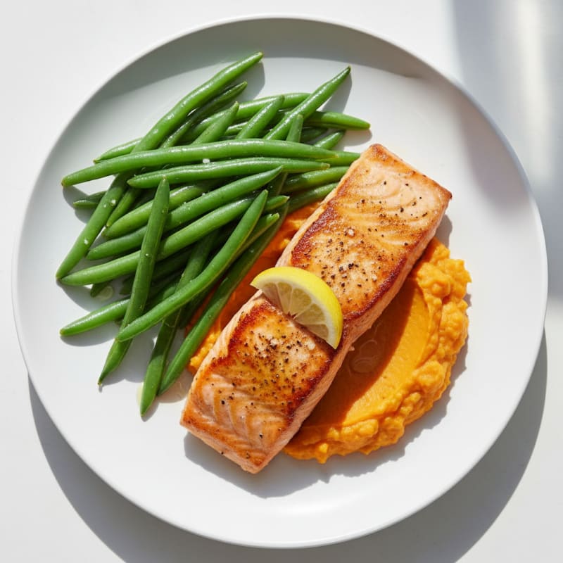 Seared Salmon with Steamed Green Beans and Sweet Potato Mash