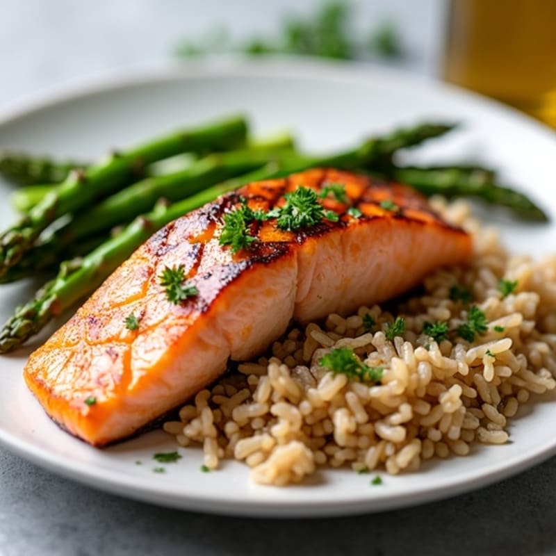Seared Salmon with Steamed Asparagus and Brown Rice