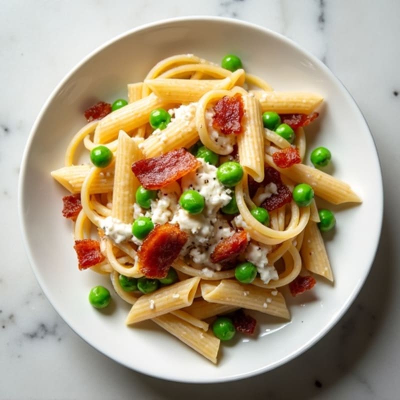 High-Protein Creamy Pasta with Crispy Turkey Bacon and Green Peas