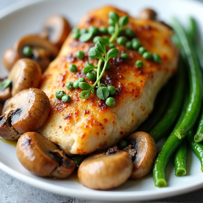 Roasted Chicken with Garlic Butter Mushrooms and Crispy Green Beans