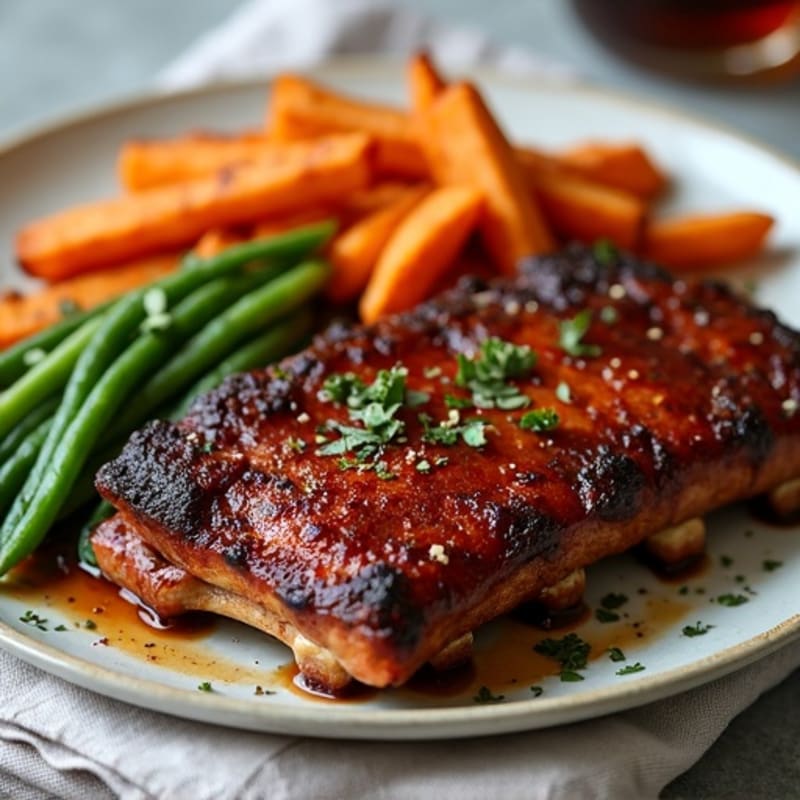 Smoked BBQ Pork Ribs with Roasted Green Beans and Crispy Sweet Potato Fries