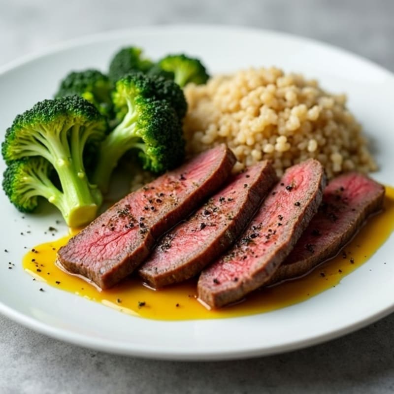 Seared Lean Beef Strips with Roasted Broccoli and Quinoa