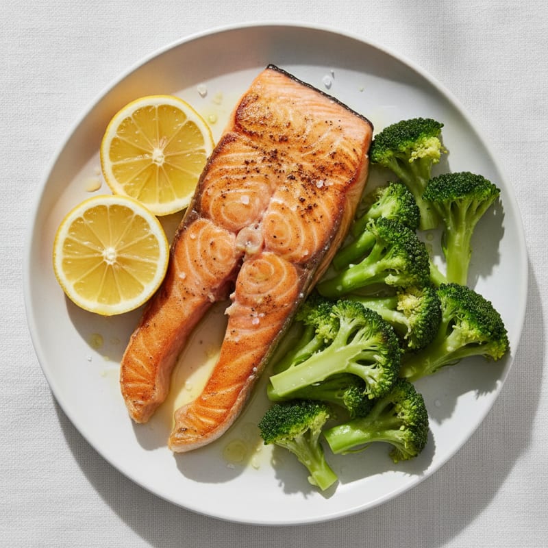 Seared Salmon Filet with Steamed Broccoli and Lemon