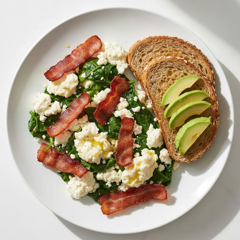 Cottage Cheese Scramble with Spinach and Turkey Bacon