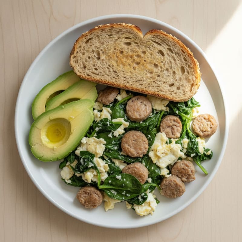 Egg White Spinach Scramble with Turkey Sausage