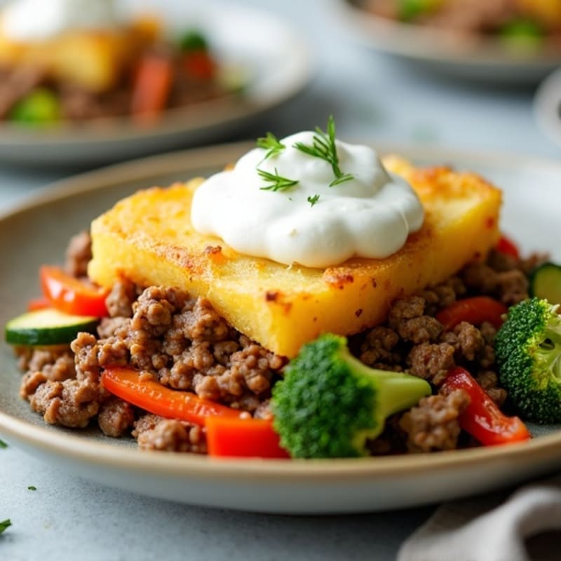 Lean Ground Beef and Mixed Vegetable Bake with Creamy Potato Topping