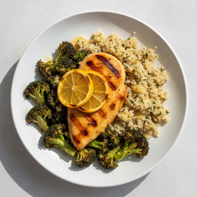 Grilled Chicken Breast with Quinoa and Roasted Broccoli