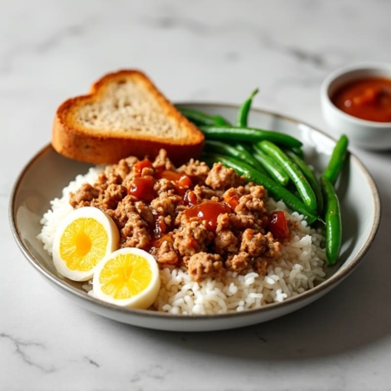 Savory Teriyaki Ground Turkey with Fluffy White Rice, Egg Whites, Crisp Green Beans, and Toasted Bread