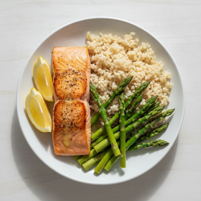 Seared Salmon with Steamed Asparagus and Brown Rice