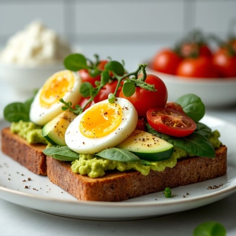 Smashed Avocado Toast with Soft-Boiled Eggs and Garden Vegetables