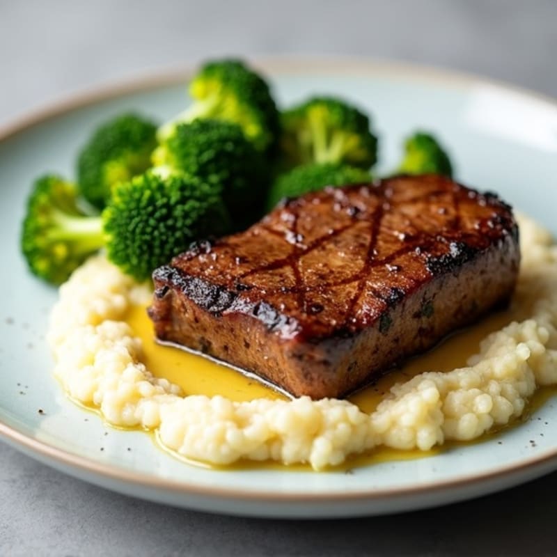 Seared Beef Tenderloin with Steamed Broccoli and Cauliflower Mash
