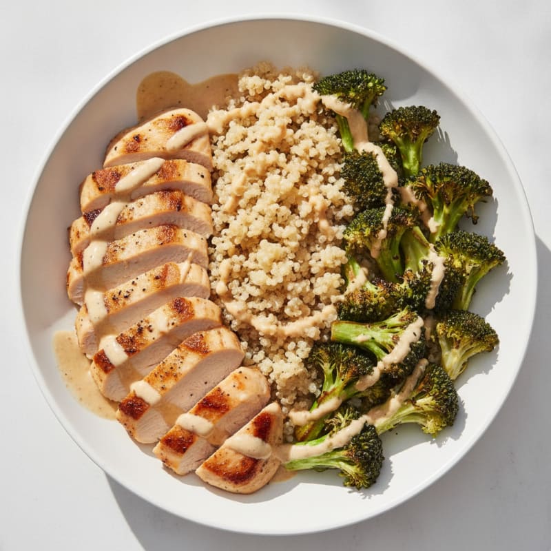 Grilled Chicken and Quinoa Bowl with Roasted Broccoli and Lemon Tahini Drizzle