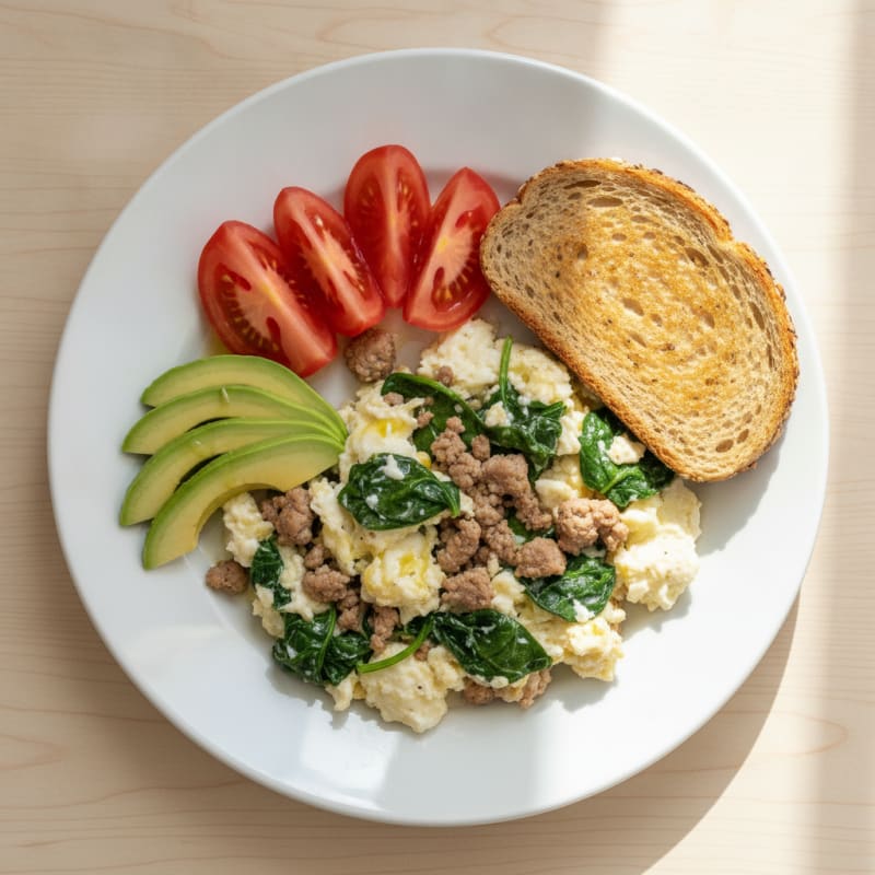Egg White Spinach Scramble with Turkey and Fresh Tomato