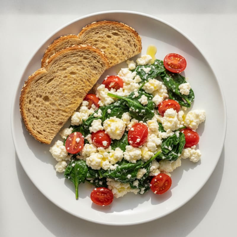 Cottage Cheese Egg White Scramble with Sautéed Spinach and Cherry Tomatoes