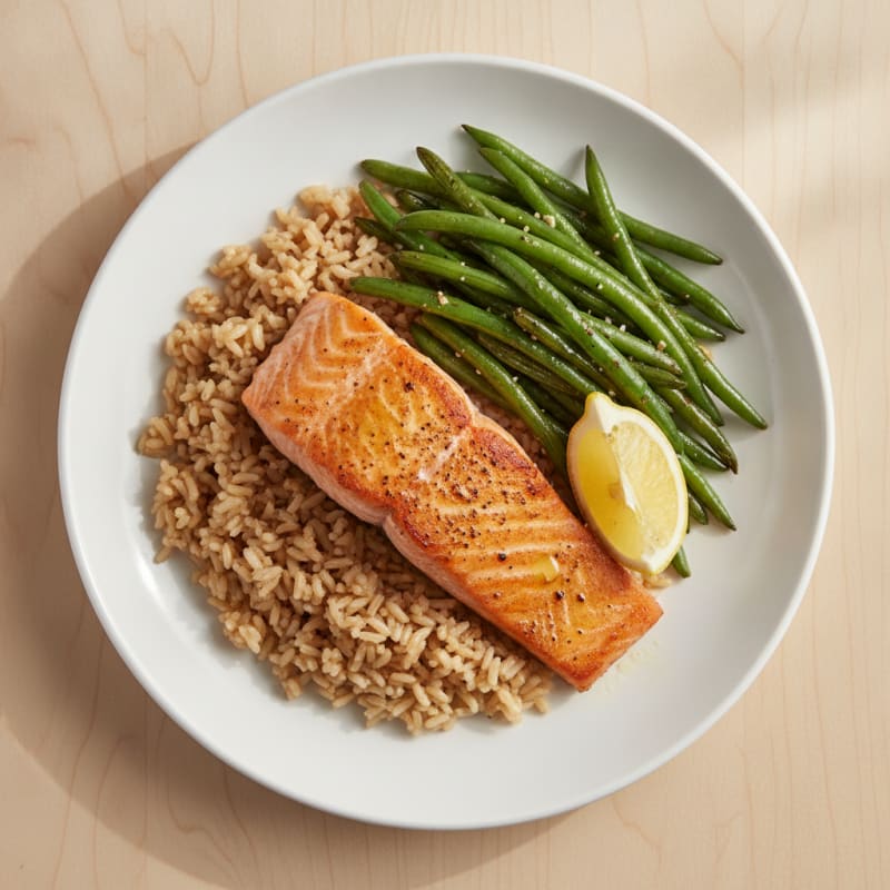 Seared Salmon Fillet with Garlic Green Beans and Brown Rice