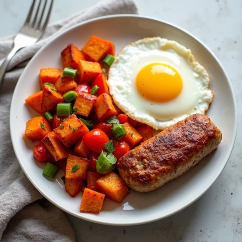 Crispy Sweet Potato Hash with Sautéed Bell Peppers and Baked Eggs