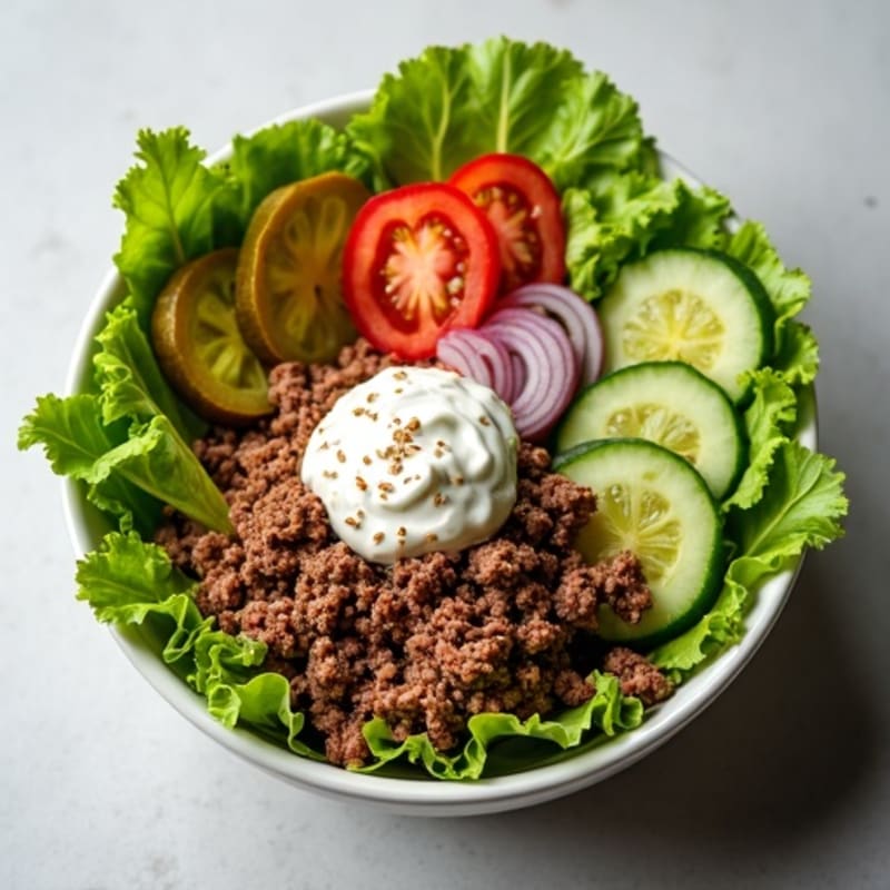Lean Ground Beef Big Mac Bowl with Fresh Crispy Greens