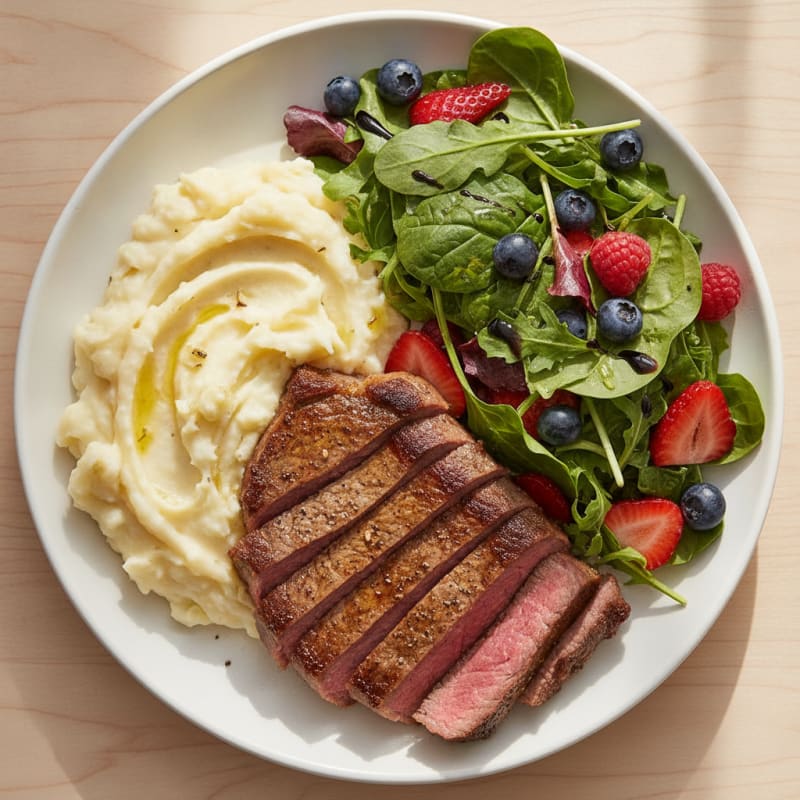 Seared Steak with Garlic Mashed Potatoes and Mixed Greens Salad
