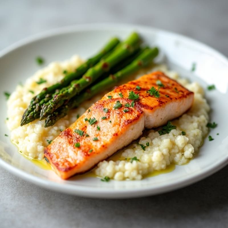 Seared Salmon with Roasted Asparagus and Cauliflower Mash