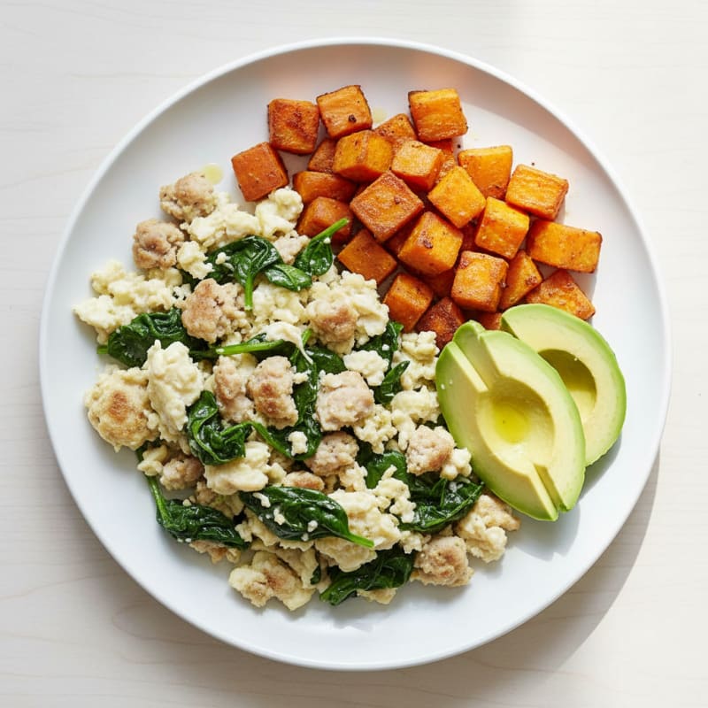 Egg White and Turkey Sausage Scramble with Sautéed Spinach