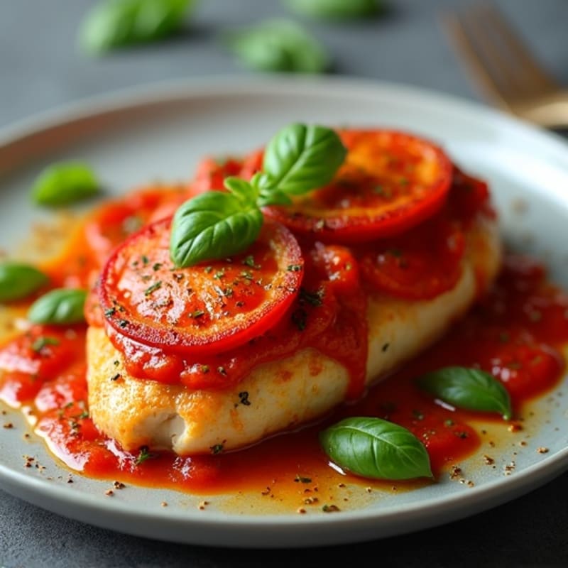 Baked Lean Chicken with Hearty Pepperoni Pizza Sauce and Fresh Basil