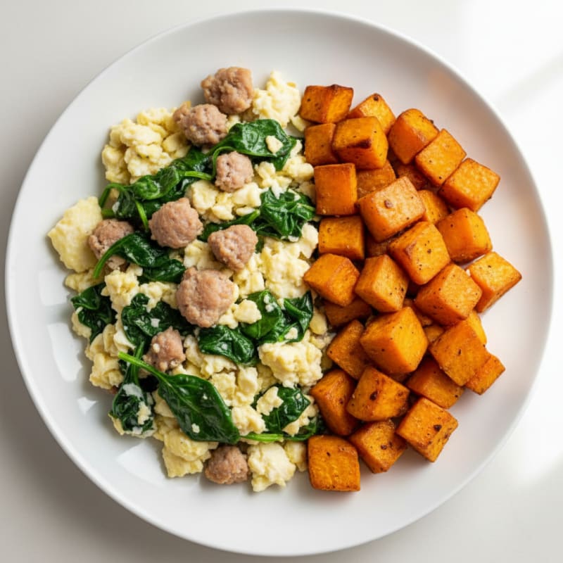 Egg White and Turkey Sausage Scramble with Spinach and Roasted Sweet Potato