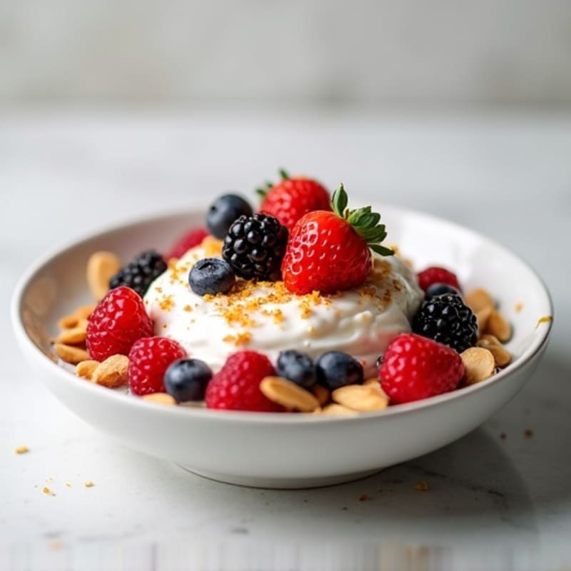 Creamy Vanilla Greek Yogurt with Berries and Crunchy Toasted Almonds