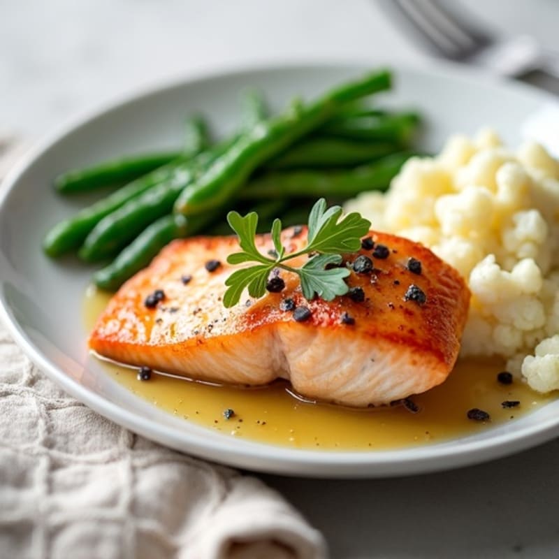 Seared Salmon with Garlic Green Beans and Mashed Cauliflower