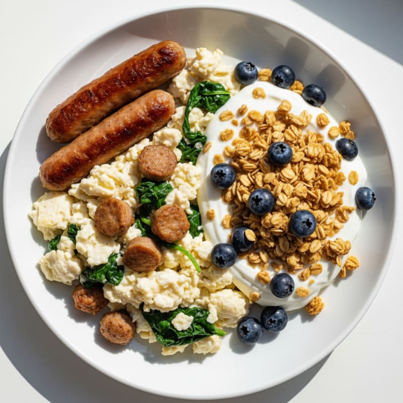 Egg White Scramble with Turkey Sausage and Greek Yogurt Parfait