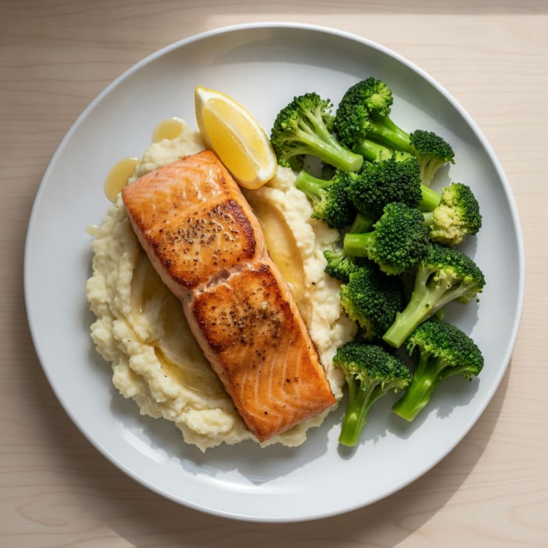 Seared Salmon Fillet with Steamed Broccoli and Garlic Mashed Cauliflower