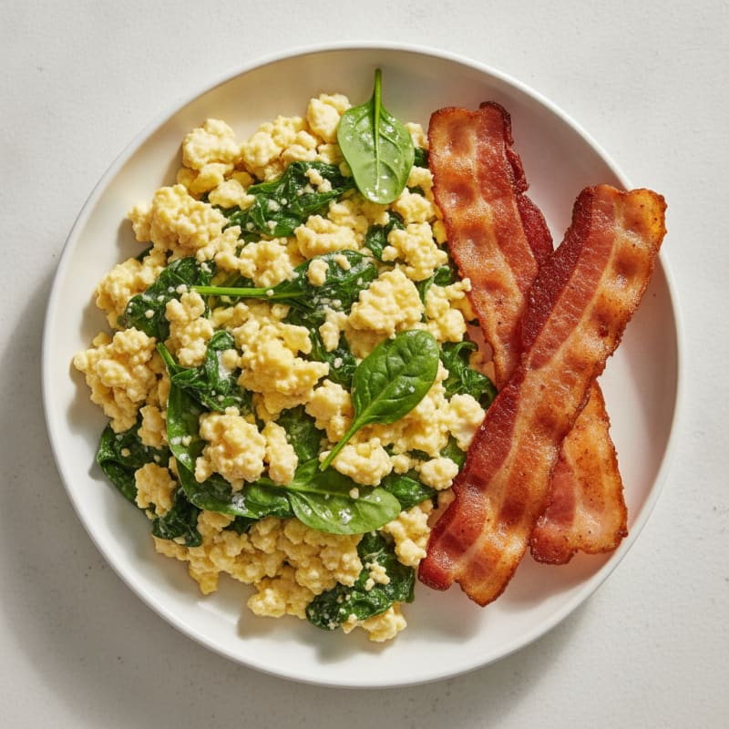 Cottage Cheese Egg Scramble with Spinach and Turkey Bacon