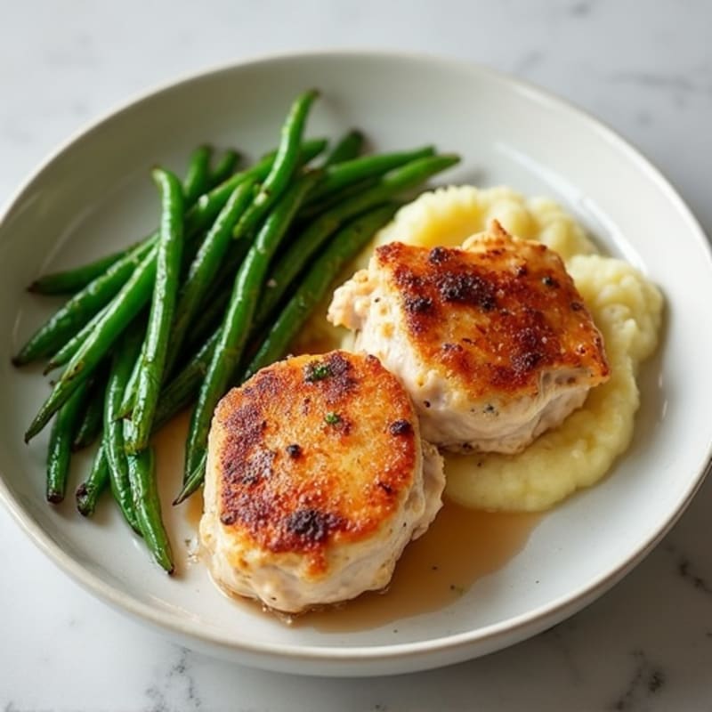 Seared Chicken Thighs with Creamy Potato Mash and Sautéed Green Beans