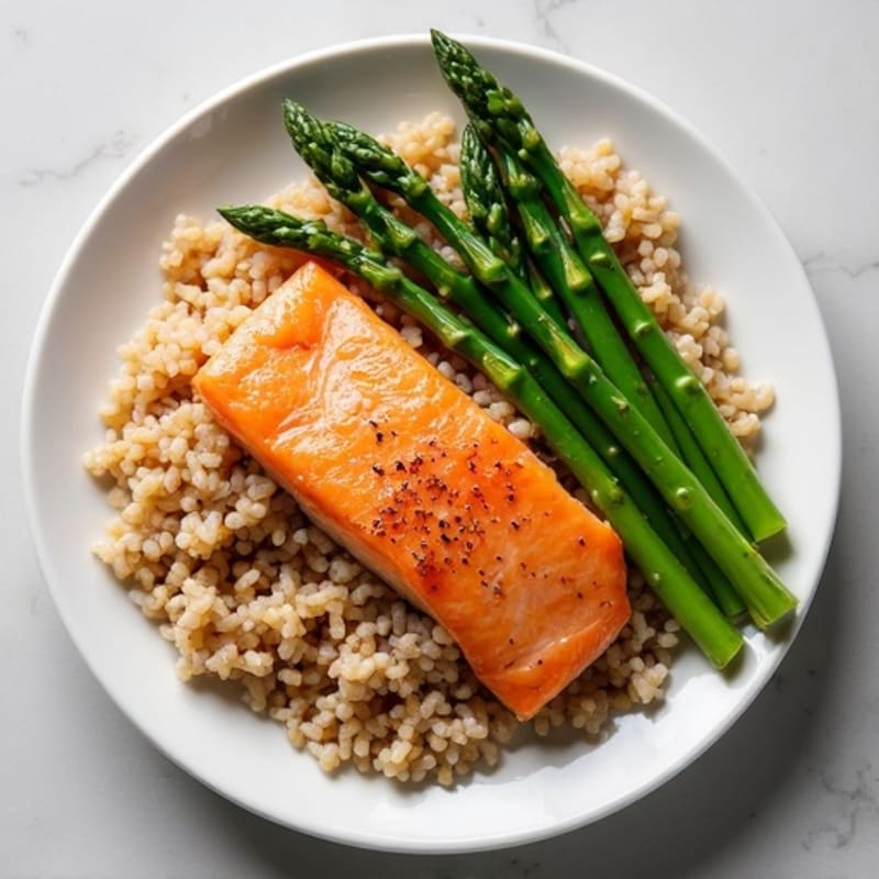 Seared Salmon with Steamed Asparagus and Brown Rice