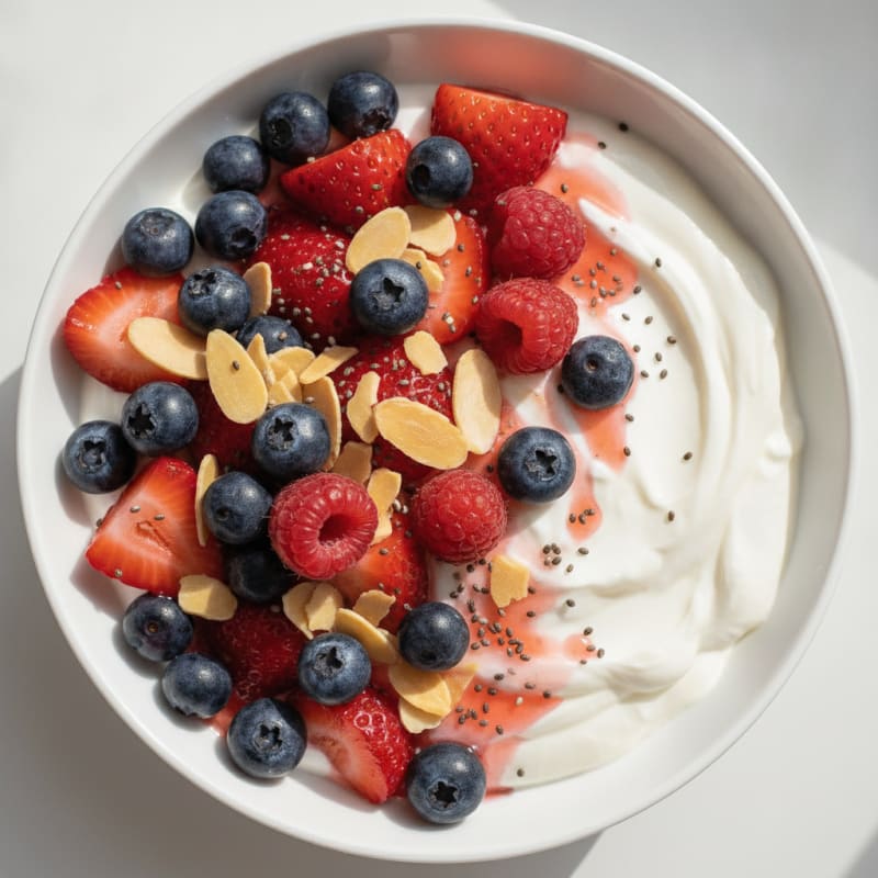 Silky Protein Yogurt Bowl with Mixed Berries and Almonds