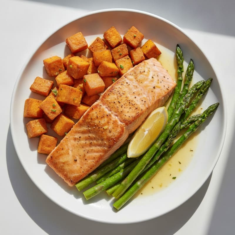 Seared Salmon with Roasted Sweet Potato and Asparagus