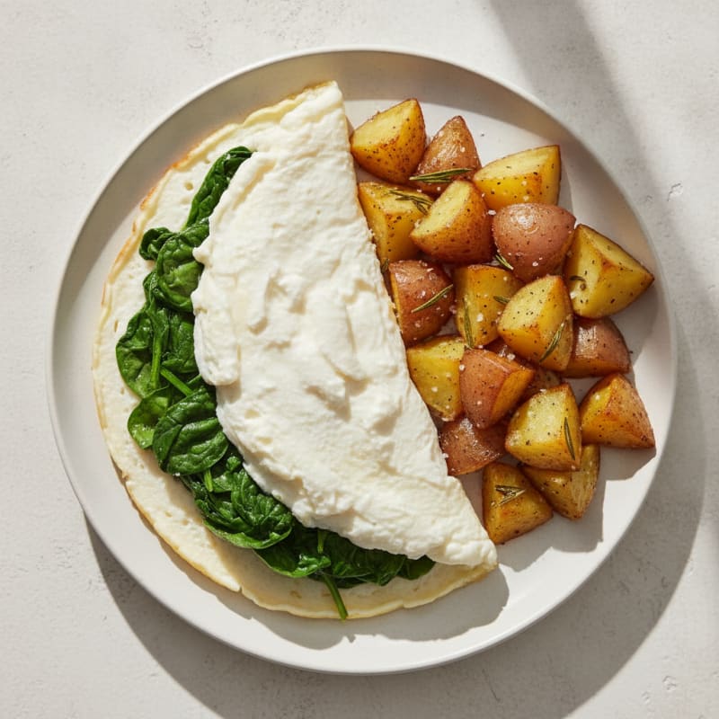 Egg White Omelet with Sautéed Spinach and Roasted Potatoes