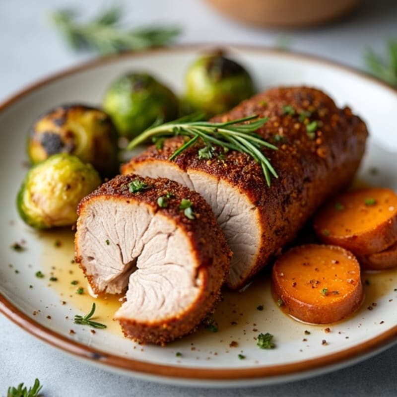Herb-Roasted Pork Tenderloin with Crispy Roasted Brussels Sprouts and Sweet Potatoes
