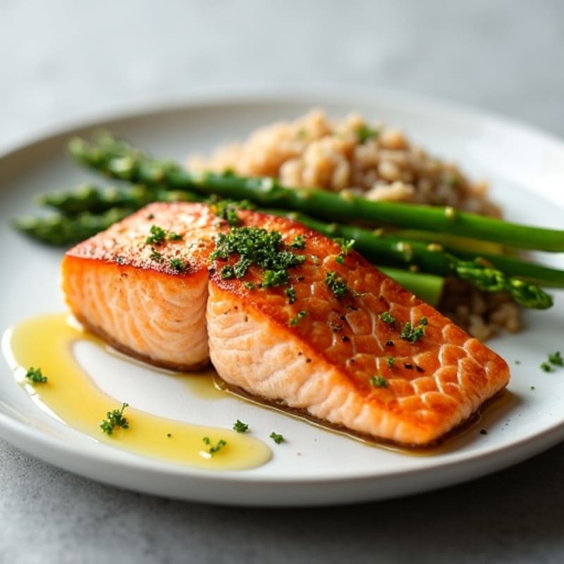 Seared Salmon Fillet with Steamed Asparagus and Brown Rice