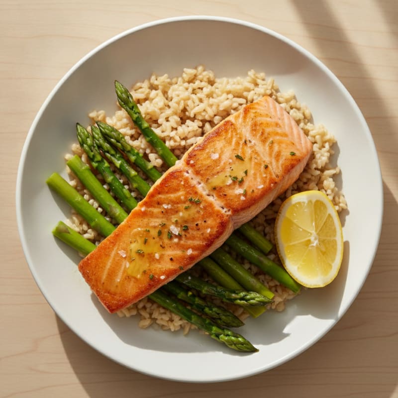 Seared Salmon Fillet with Steamed Asparagus and Brown Rice