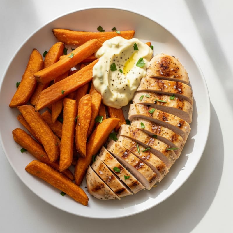 Grilled Chicken and Sweet Potato Fries with Garlic Aioli