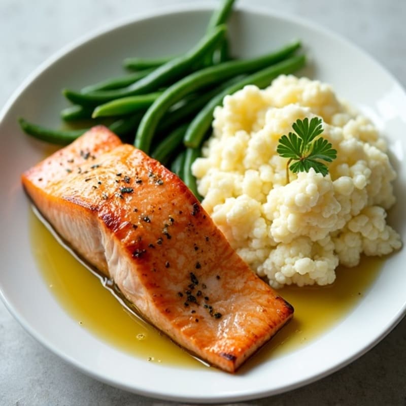 Seared Salmon Fillet with Garlic Green Beans and Mashed Cauliflower