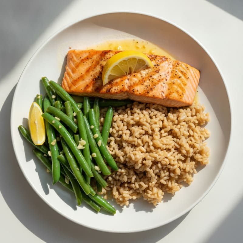 Seared Salmon with Garlic Green Beans and Brown Rice