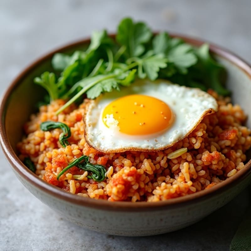 Kimchi Fried Rice with Crispy Chicken and Fresh Greens