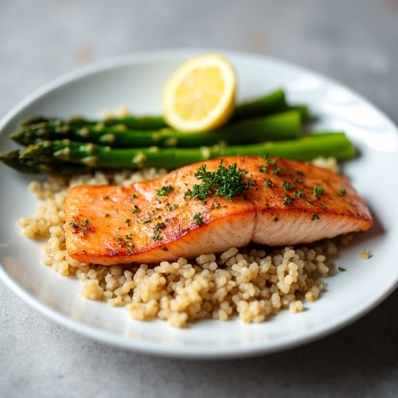 Seared Salmon with Steamed Asparagus and Brown Rice