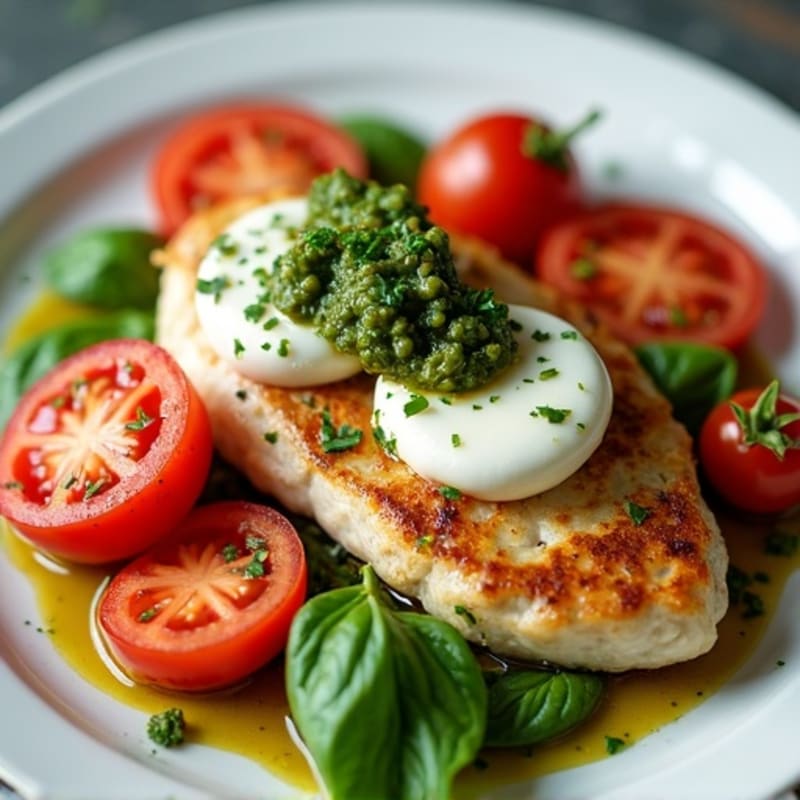 Pan-Seared Chicken with Fresh Mozzarella, Juicy Tomatoes, and Basil Pesto