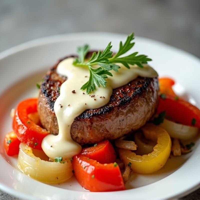 Pan-Seared Sirloin with Sautéed Peppers, Onions, and Creamy Provolone Sauce
